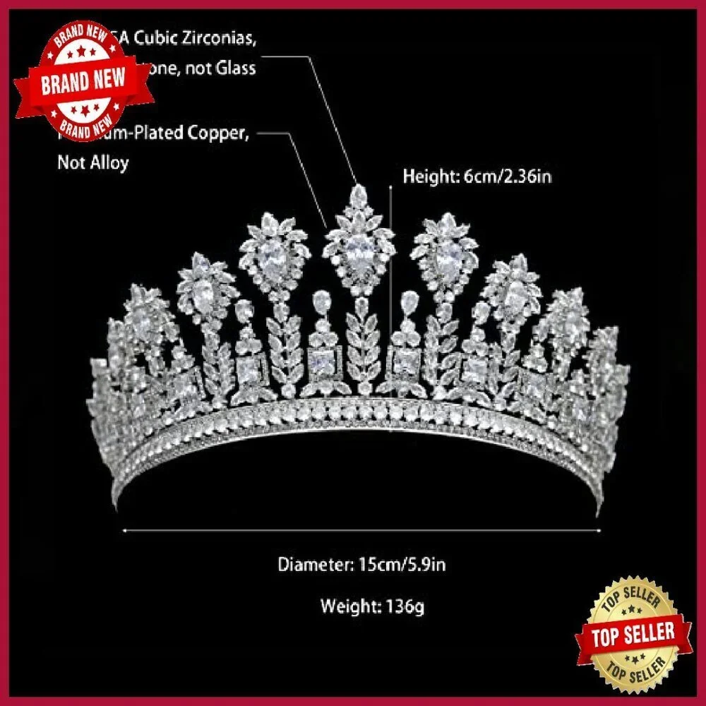 Large Handmade Cubic Zirconia Bridal Tiara Headpiece for Weddings Prom
